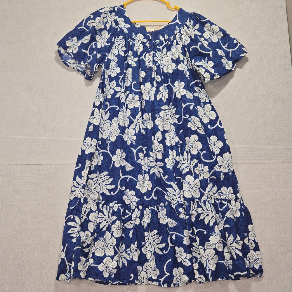 Carriage Court Blue‎ White Hibiscus Hawaiian Muumuu Dress Size M
